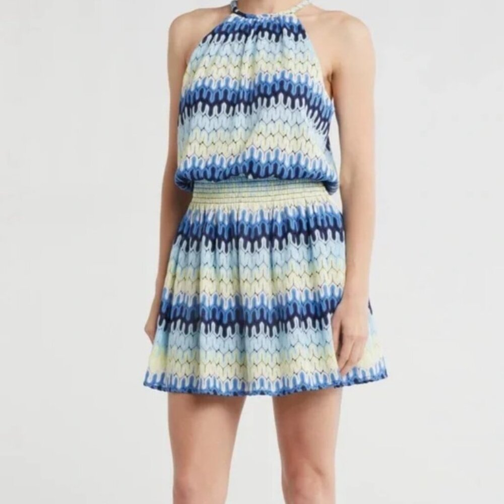 Ramy Brook Halter Neck Leona Dress Smocked Waist Zigzag Knit NEW